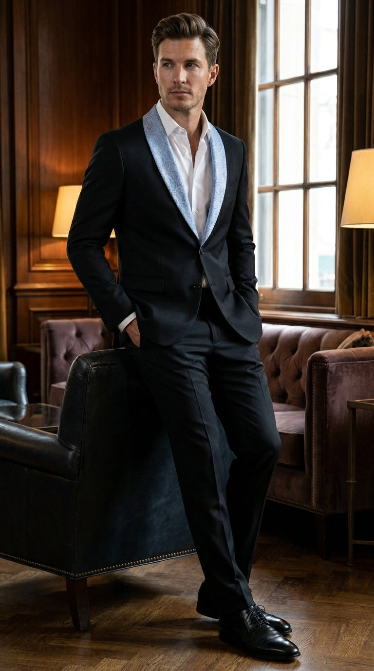 Men’s Black Suit with Light Blue Lapel – Modern Formal Tuxedo Style Suit for Wedding, Prom, Party and Sky Powder Blue Color