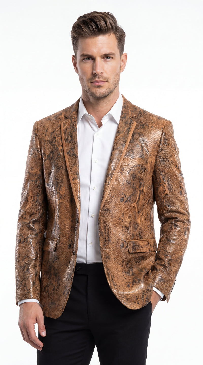 Men’s Brown Snakeskin Pattern Blazer – Stylish Exotic Print Formal Blazer Jacket for Party, Exotic Crocodile Alligator Print
