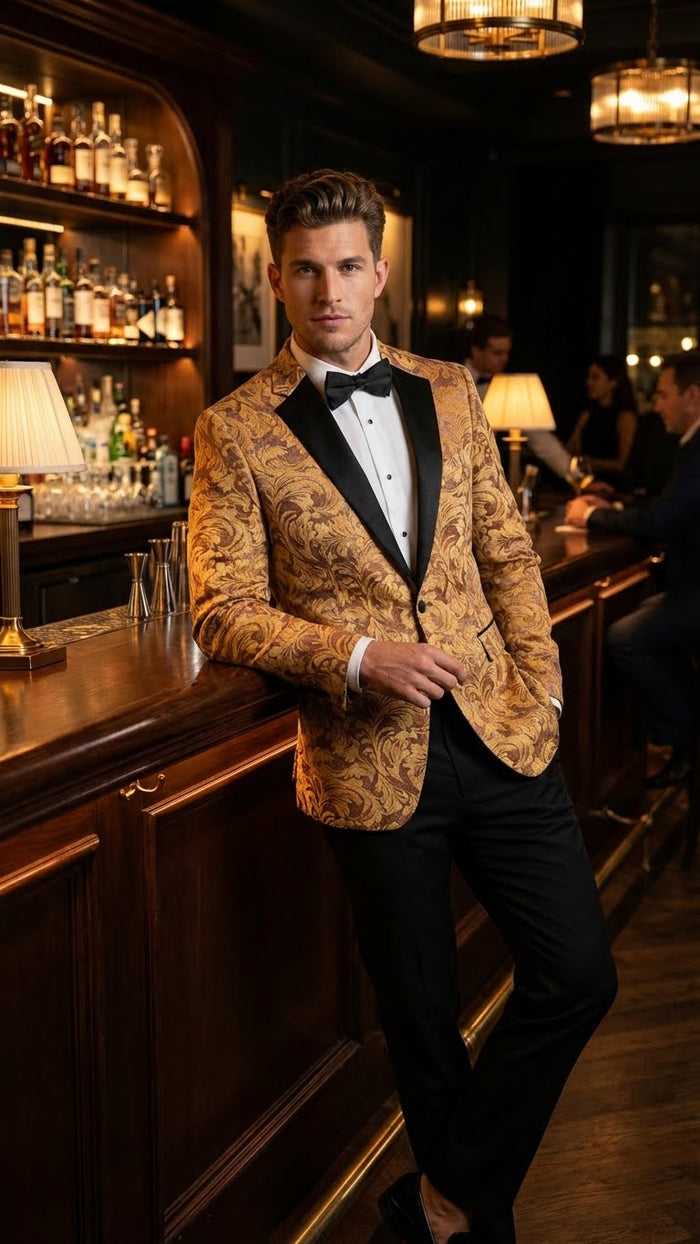Yellow gold tuxedo blazer with baroque pattern, structured fabric, black satin shawl collar. Includes matching black trousers. Sophisticated formal wear.
