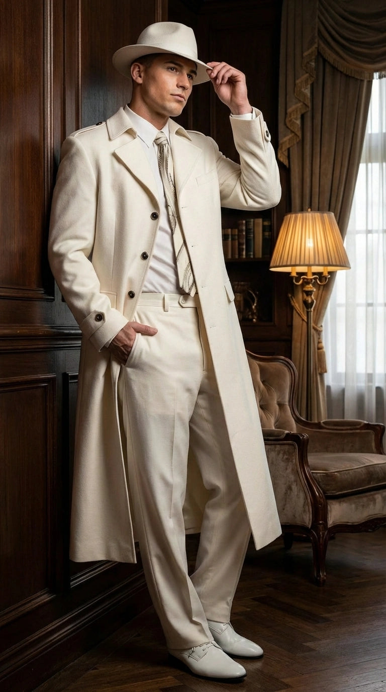 Men’s Ivory Cream Off White  Full Length Zoot Suit – Vintage Gangster Style Long Coat Formal Suit