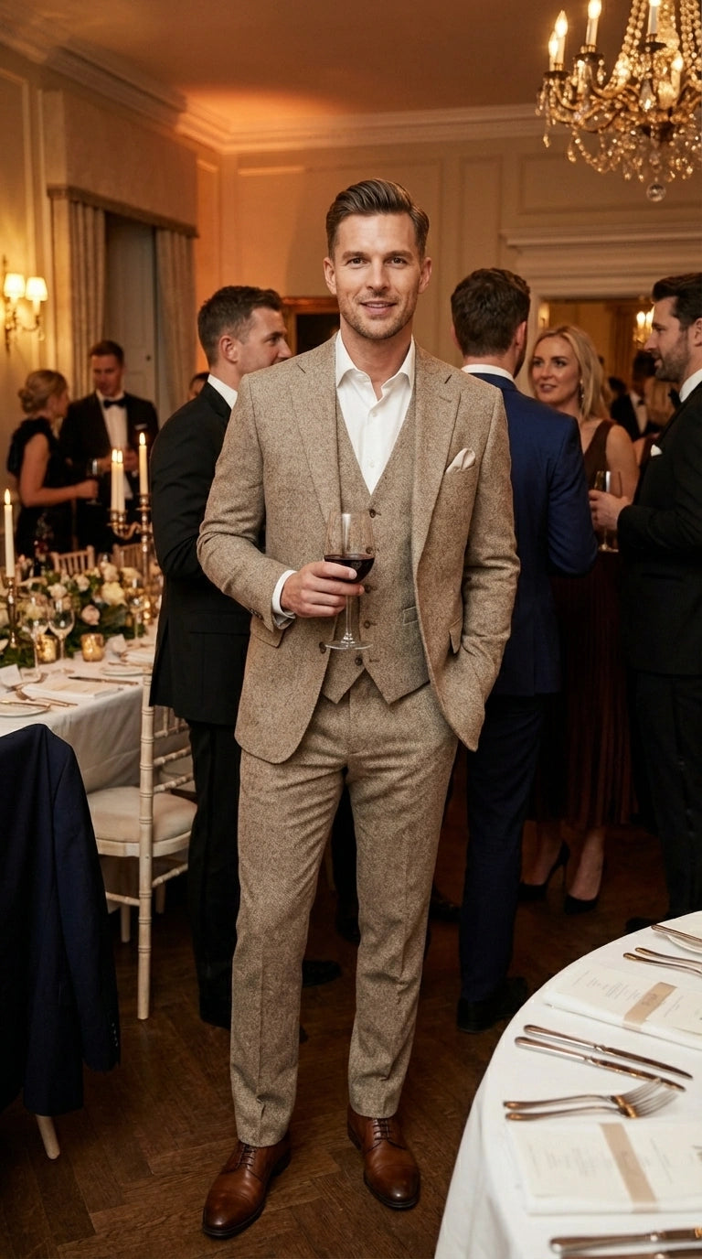 Men’s Light Beige Herringbone Tweed Suit with Vest – Classic Three Piece Formal Suit, Vintage Business Wedding Outfit, Elegant Smart Casual Wear