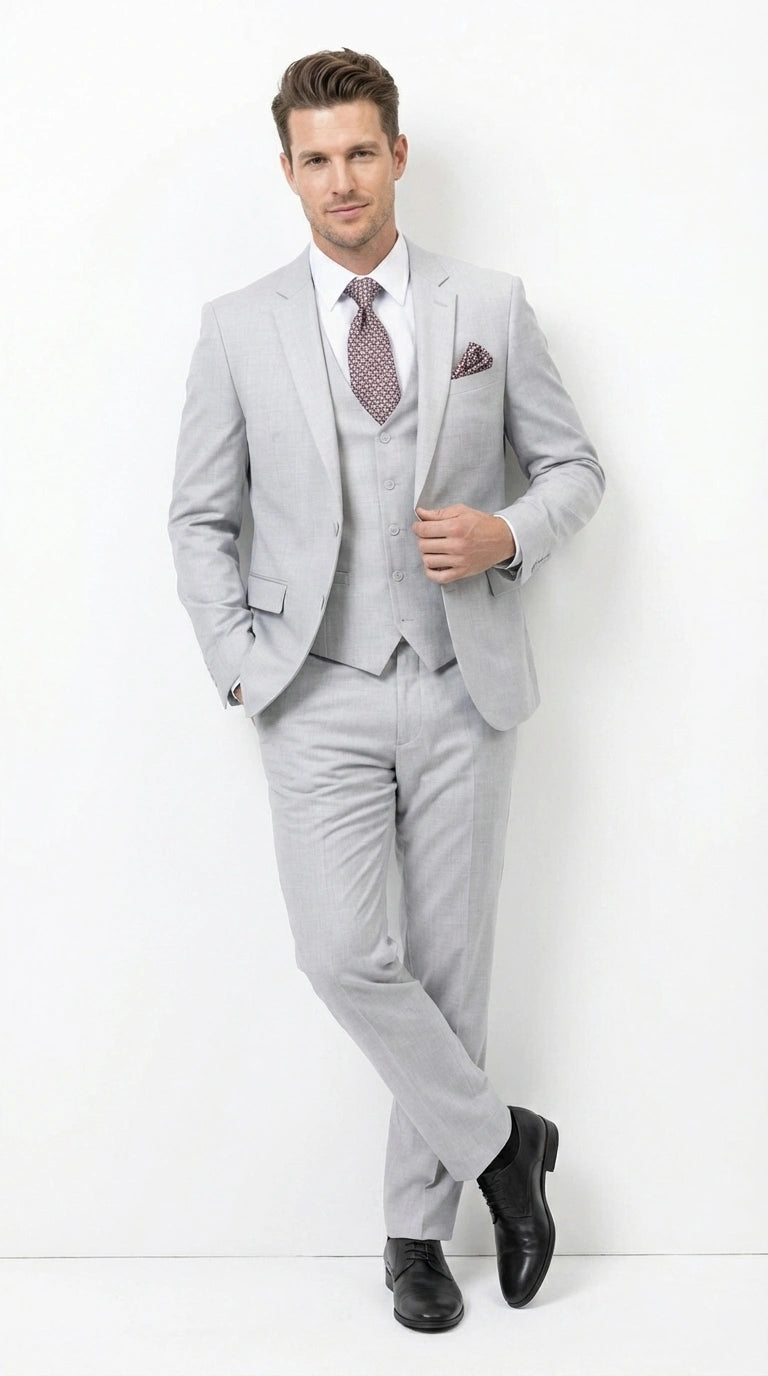 Men’s Light Grey Sharkskin 3 Piece Suit – Two Button Vested Modern Formal Business Suit for Wedding in silver Ice Gray