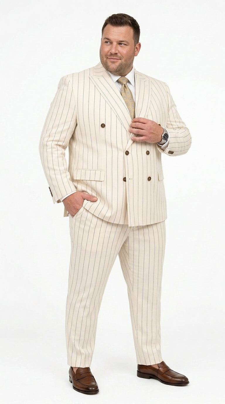 Men’s Cream Off White Pinstripe Linen Pinstripe 2 Piece Double Breasted Suit, Summer Wedding Ivory Color By Vitali
