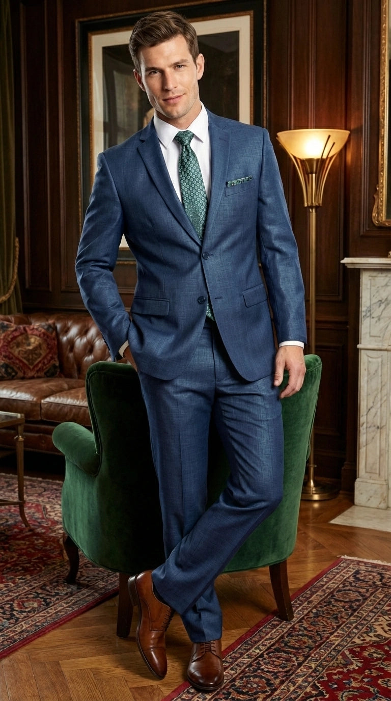 Men’s Indigo Blue Sharkskin Suit – Textured Shiny Formal Suit for Wedding, Business, 2 Buttons Slim Fitted