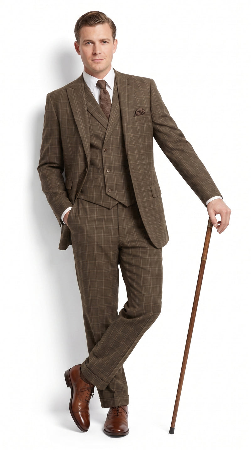Men’s 1930s Brown Plaid 3 Piece Suit, Vintage Formal Wedding Business Dress Suit Set