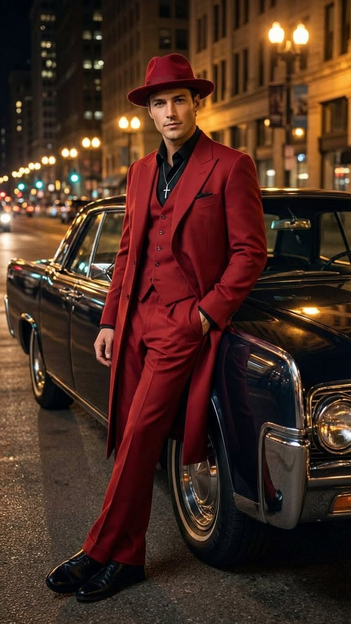 1920s men's red zoot suit: long coat, high-waisted, tapered trousers. Solid red fabric. Includes fedora, black shirt, and vest. Wide-leg trousers, sharp lapels, and notch collar.