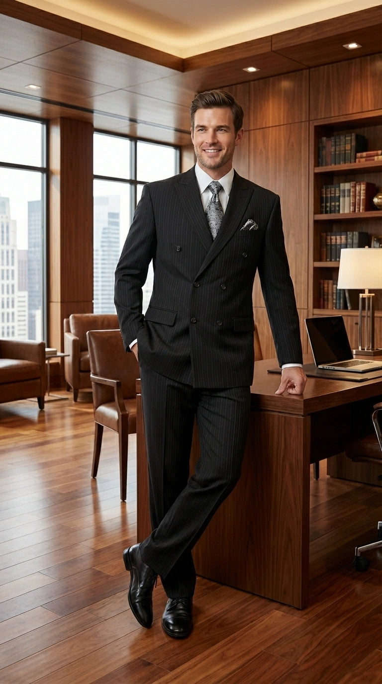 Men’s Black Pinstripe Double Breasted Suit – Peak Lapel Classic Fit Formal Business Conservative settle stripe