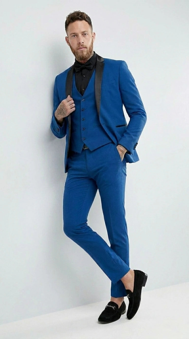 Men’s Royal Blue 3 Piece Suit with Black Lapel – Modern Formal Suit for Wedding, Prom and Party Wear