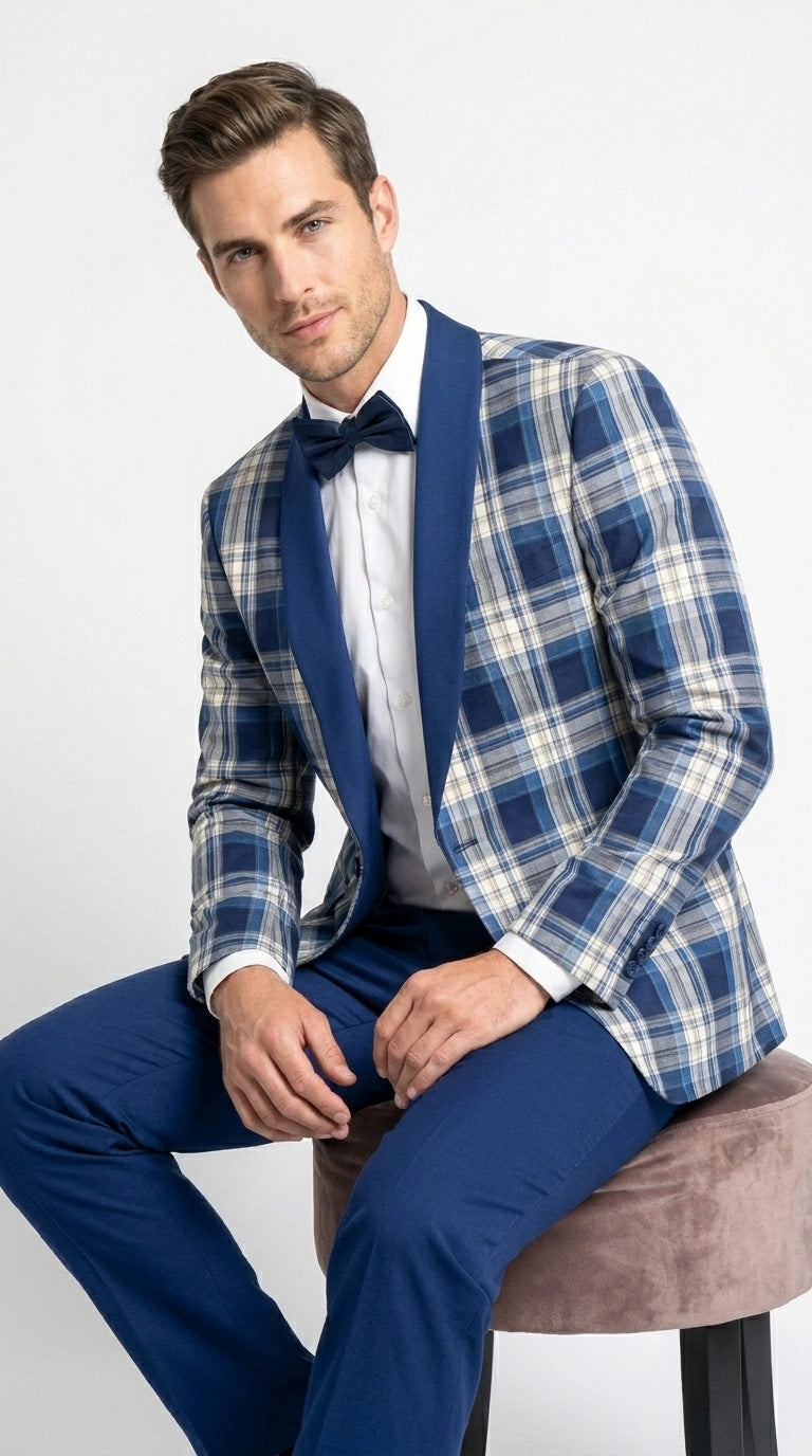 Men’s Tartan Blue Plaid and Solid Blue Tuxedo – Modern Check Pattern Formal Suit for New Year - Christmas - Holiday Jacket with Pants