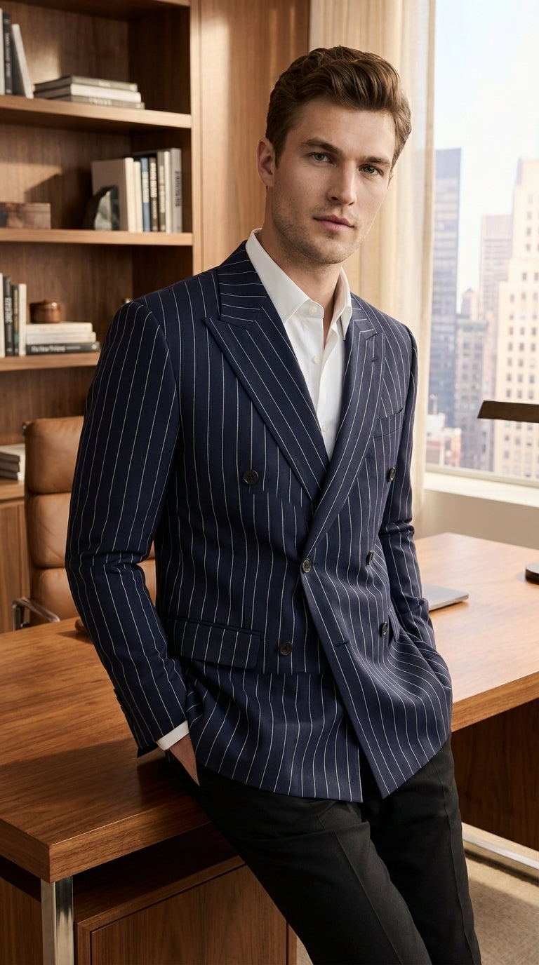 Mens Navy Blue Pinstripe Double Breasted Blazer Sport Coat – Classic Formal Business Jacket for Party and Smart Casual Wear