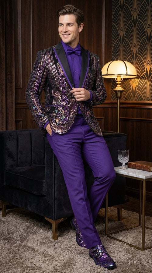 Mens Mardi Gra Black and Purple and Gold Sequin Tuxedo Jacket Set –  Designer with Floral Pattern Jacket Formal Wedding Party Wear Bowtie