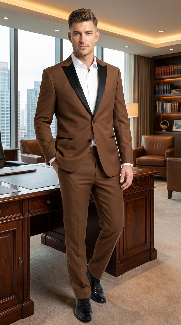 Men’s Light Brown Vested Piece Suit – Elegant Formal Suit with Contrast Lapel for Wedding, Party