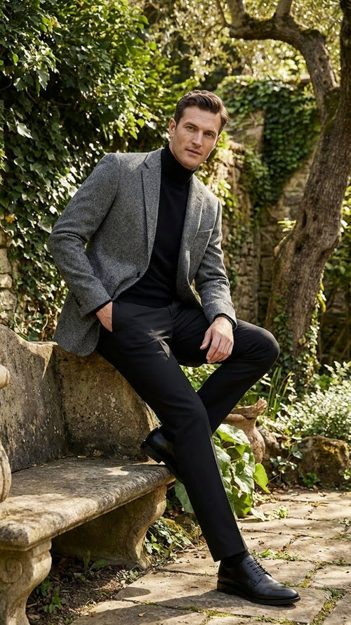 Men's grey tweed herringbone sport coat. Single-breasted, structured design with sharp lapels. Features a textured wool material and a distinctive herringbone pattern in varying shades of grey.
