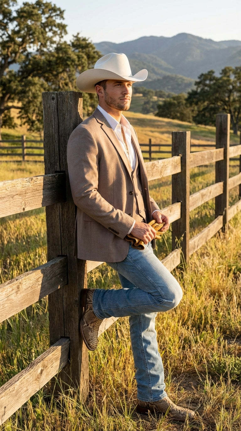 Men’s Beige Cowboy Blazer with Double breasted Vest – Western Two Piece Suit Pants included