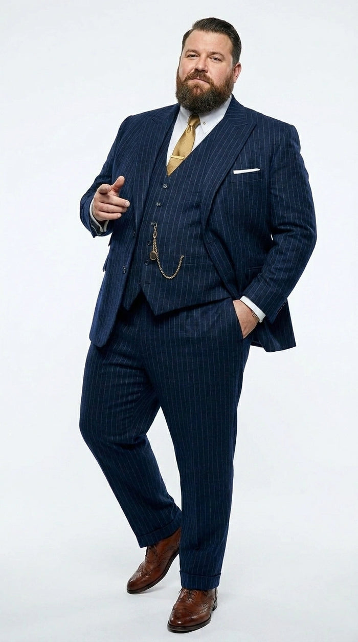 Men’s Navy Blue Pinstripe 3 Piece Suit, Thomas Shelby Inspired Vintage Formal Suit for Weddings, Parties, Prom, and Special Events