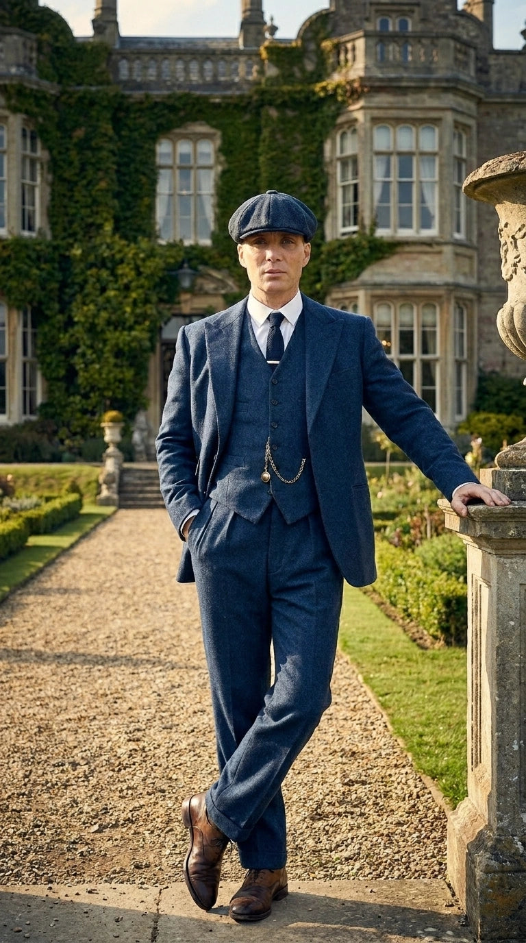 Men’s Blue 3 Piece Suit, Thomas Shelby Inspired Vintage Formal Suit Herringbone Tweed 1920s fabric