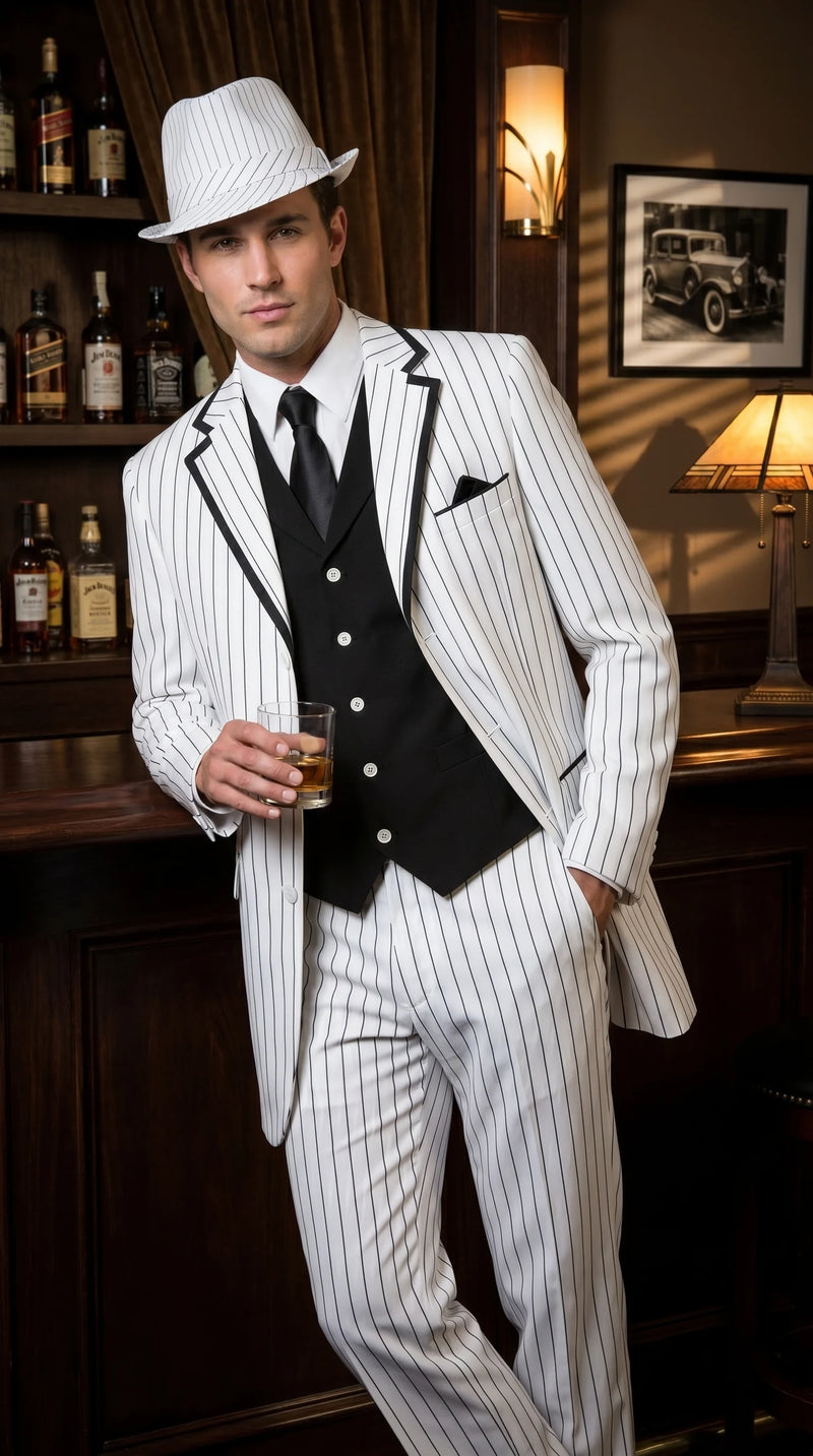 Men’s White Pinstripe 1920s Gangster 3 Piece Suit, Black Contrast Formal Costume Suit for Parties, Prom, Weddings, and Theme Events