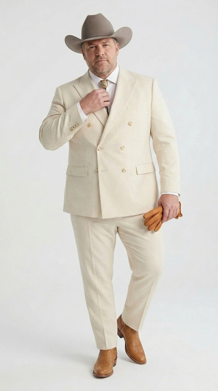 Men’s Tan Linen Cowboy Suit, Double Breasted Western Wedding Formal Western Suit Country style in Beige Tan Color