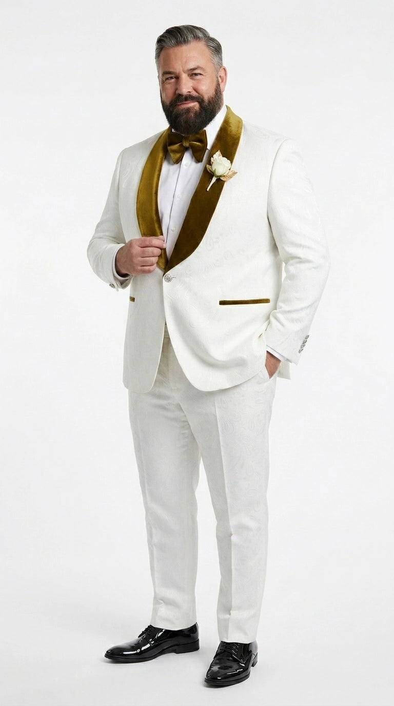 Men’s White Paisley 3 Piece With Vest Prom Tuxedo with Gold Velvet Shawl Lapel, Formal Wedding Suit Set