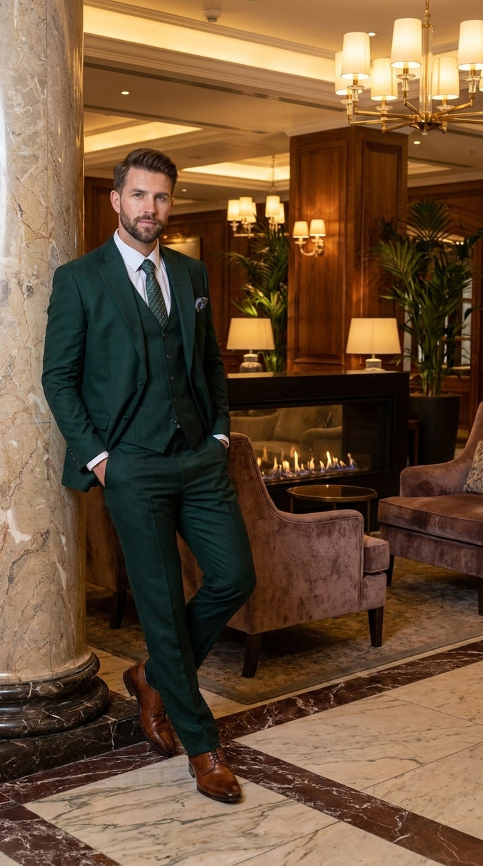 Men’s Stacey Adams Designer Hunter Green 3 Piece Suit – Two Button Vested Classic Wedding, Prom & Formal Suit