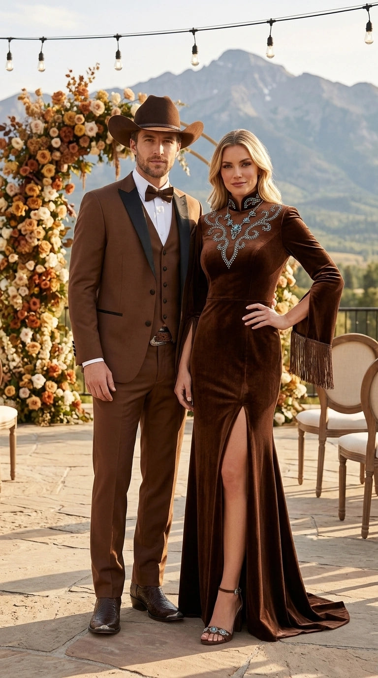 Men’s Light Brown Western Tuxedo 3 Piece Suit with Black Peak Collar Lapel, Country Look Cowboy Suit