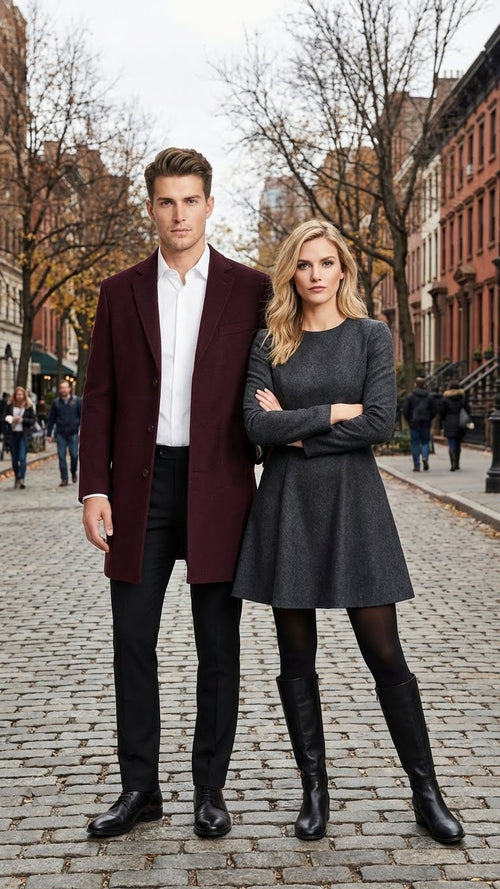 Alberto Nardoni men's burgundy mid-length overcoat. Straight cut, tailored silhouette. Single-breasted with notch lapel and two side pockets. Rich, textured fabric (wool blend), tapered sleeves.
