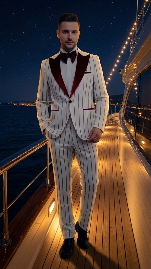White & dark red pinstripe tuxedo. Fitted silhouette, velvet shawl lapel with dark red accents. Evenly spaced pinstripes, straight-cut trousers. Single-button jacket, two pockets. Slim-fit tailoring. Striking contrast.
