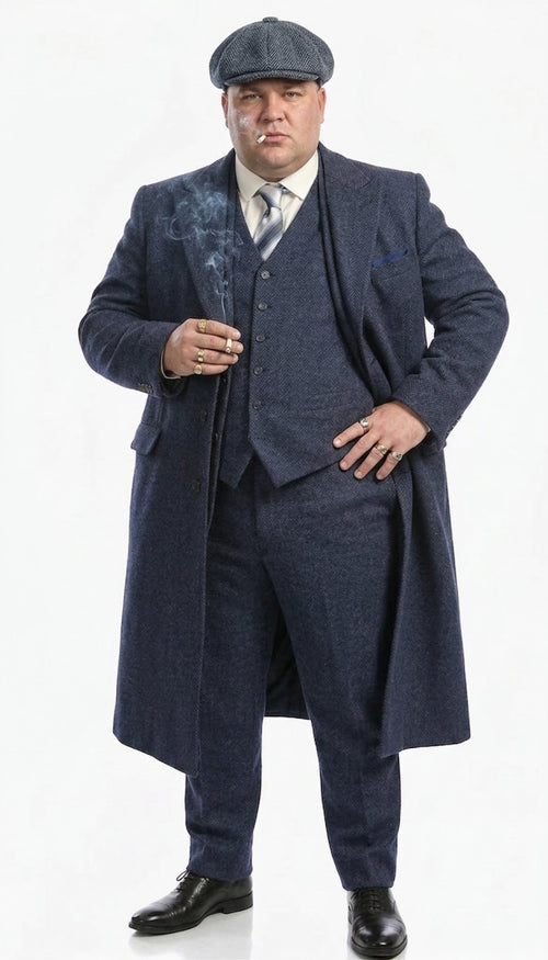 Men’s Navy Blue Herringbone Tweed  1920s 3 Piece Suit with Overcoat – Vintage Peaky Blinder Style Formal Suit Set with Blazer, Waistcoat + Overcoat + Hat
