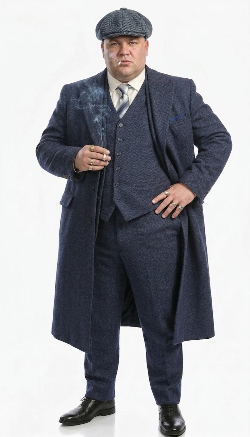 Men’s Navy Blue Herringbone Tweed  1920s 3 Piece Suit with Overcoat – Vintage Peaky Blinder Style Formal Suit Set with Blazer, Waistcoat + Overcoat + Hat