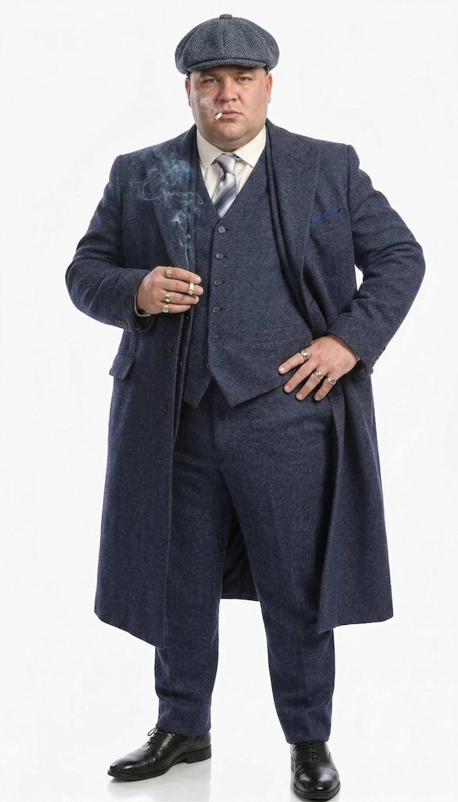 Men’s Navy Blue Herringbone Tweed  1920s 3 Piece Suit with Overcoat – Vintage Peaky Blinder Style Formal Suit Set with Blazer, Waistcoat + Overcoat + Hat