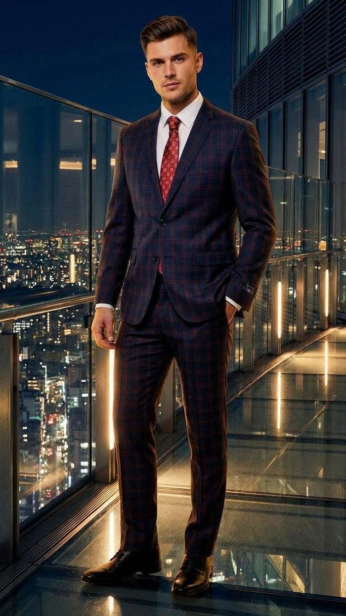 Navy & burgundy checkered men's suit with plaid windowpane design. Soft fabric, single-breasted jacket with notch lapel & pockets. Slim-fit trousers. Includes white shirt & red-toned patterned tie.
