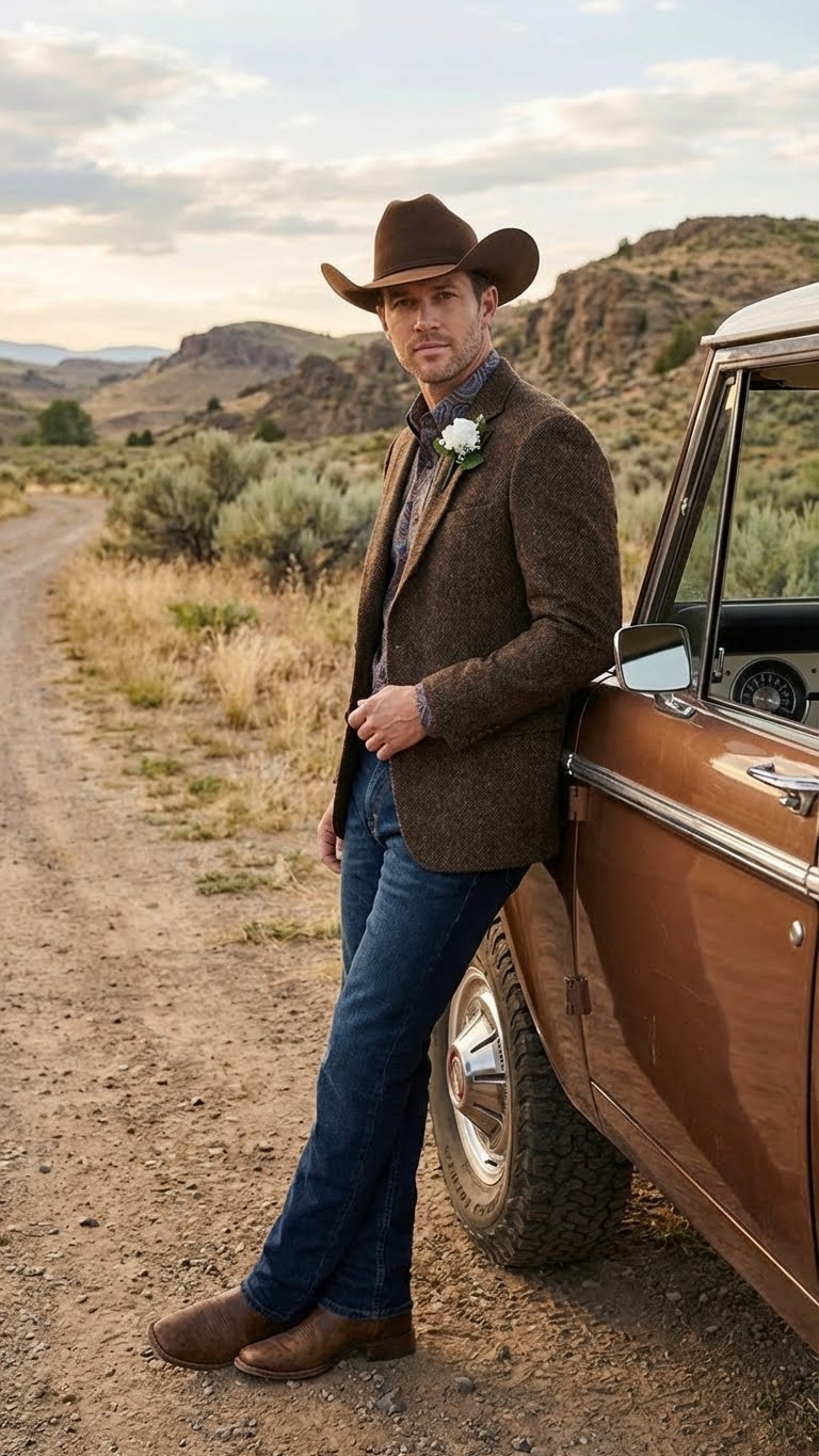 Mens Brown Western Tweed Herringbone Blazer Jacket Classic Cowboy Style Sport Coat for Wedding Party