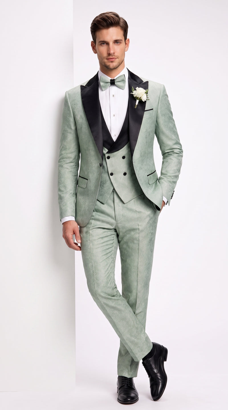 Men’s Sage Green Wedding Tuxedo with Black Shawl Lapel – 3 Piece Groom Prom Suit Mintish Color