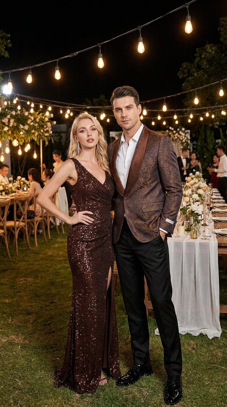 Men’s Light Brown Paisley Tuxedo Jacket, Wedding Prom Dinner Blazer with Satin Shawl Lapel