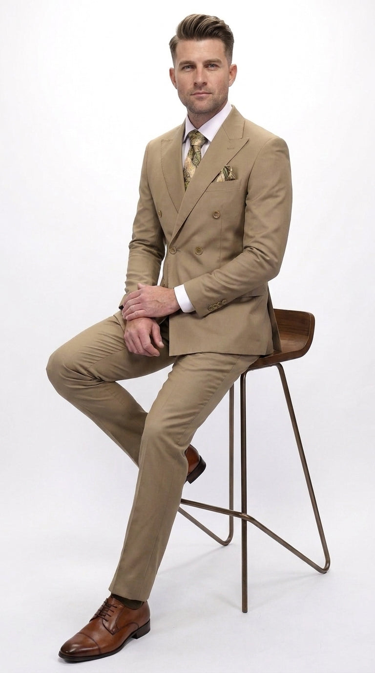 Men’s Statement Brand Caramel Khaki Double Breasted Wool Suit, Designer Formal Business Suit Set Wool Suit in Camel Color