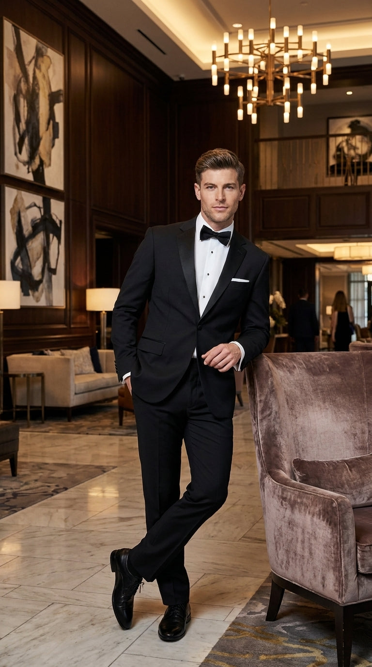 Men’s Black Uniform Tuxedo – One-Button Satin Lapel Formal Suit for Weddings, Prom and Events