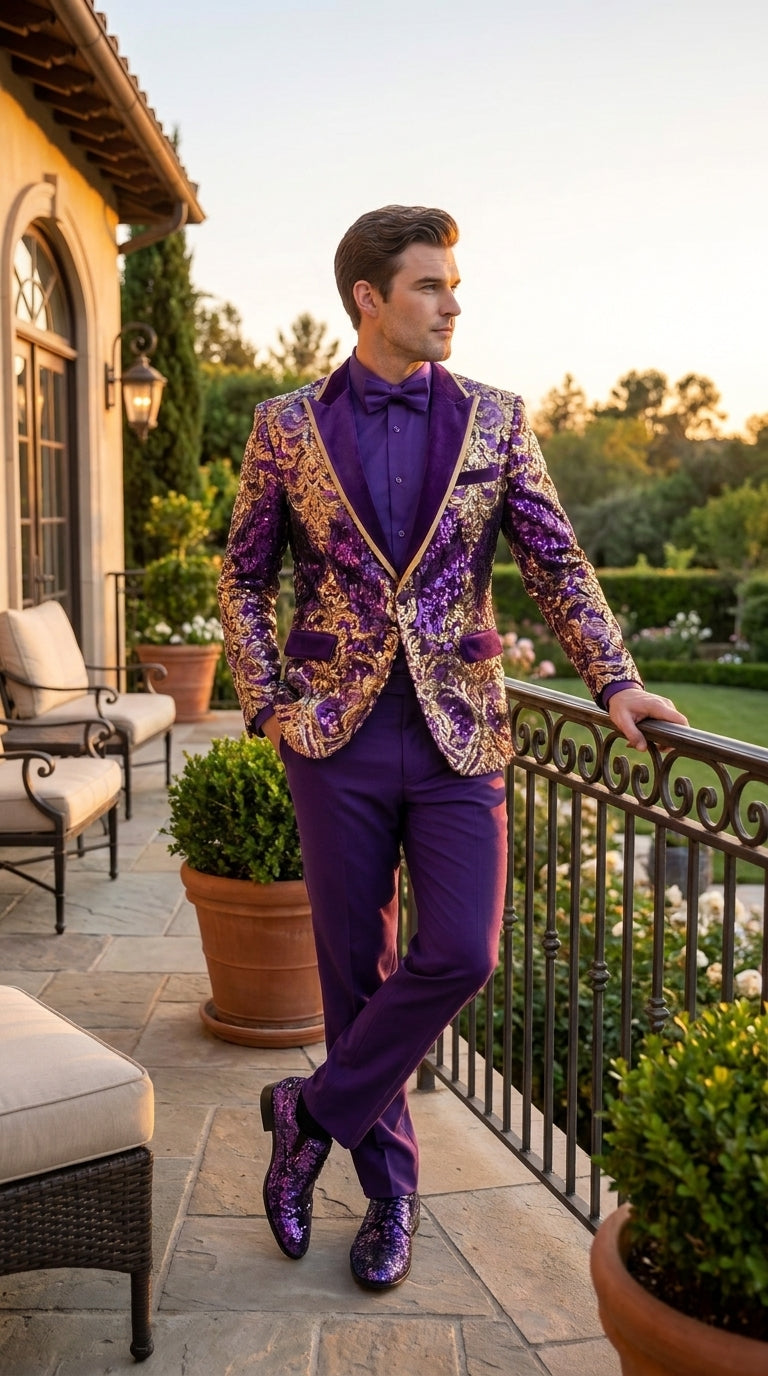 Men’s Purple and Gold Sequin Suit with Pants – Luxury Prom, Wedding and Party Blazer