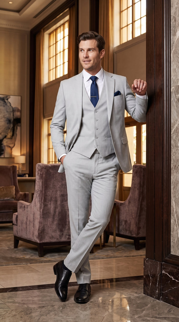 Men’s Silver & Navy Blue 3-Piece Suit – Wedding, Business and Formal Suit with Free Matching Tie