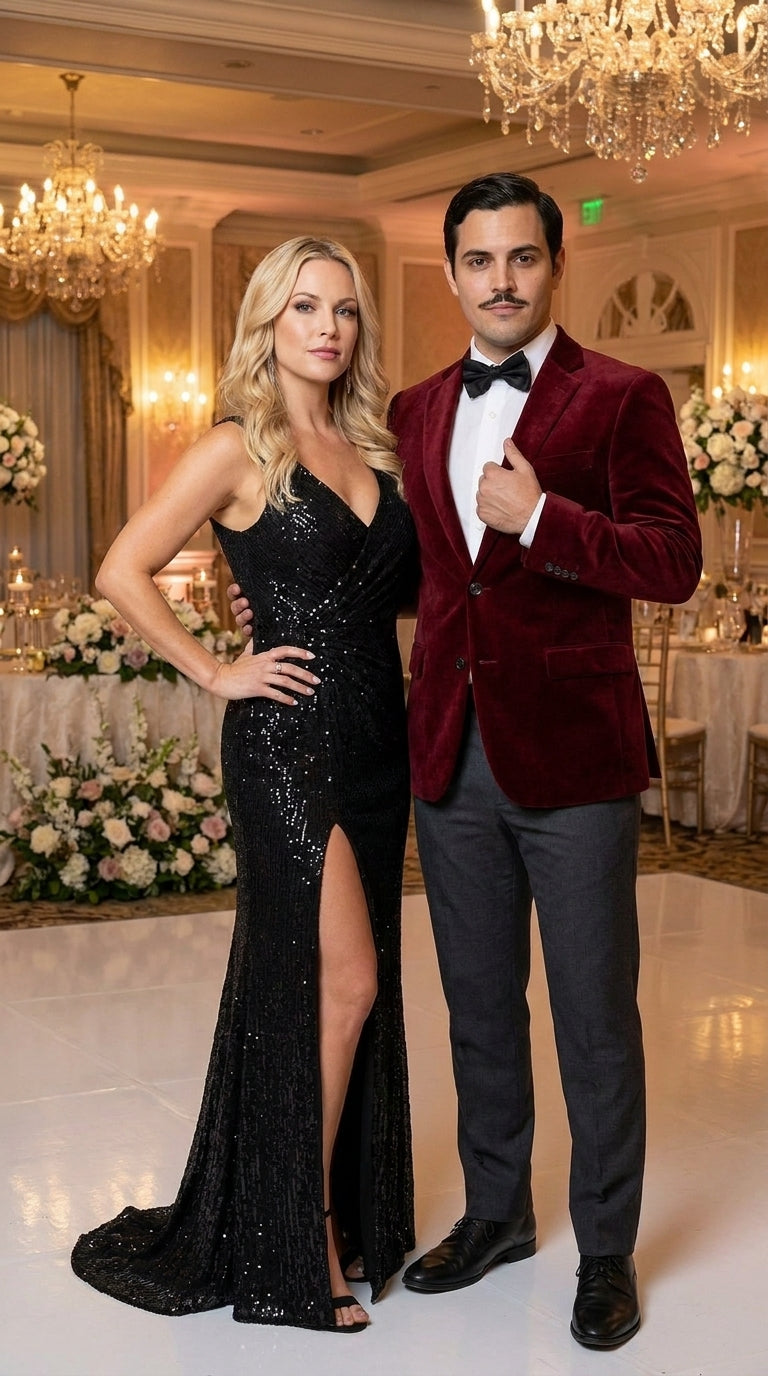 Men’s Gomez Addams Inspired Costume, Burgundy Velvet Blazer with Black Pants Formal Party Outfit Combo