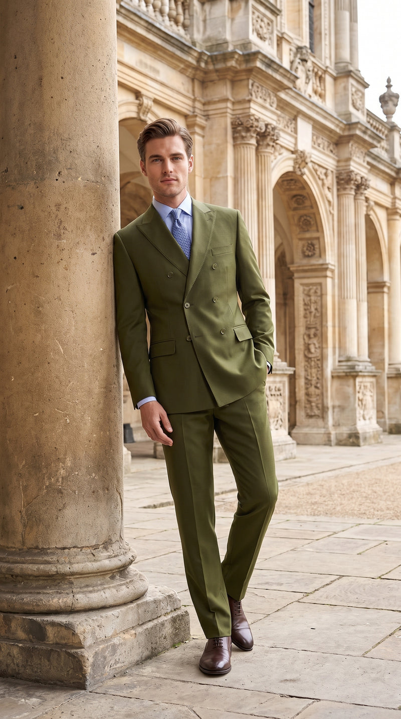 Men’s Olive Green Double-Breasted Suit – Classic Peak Lapel Wedding, Business Hunter Color