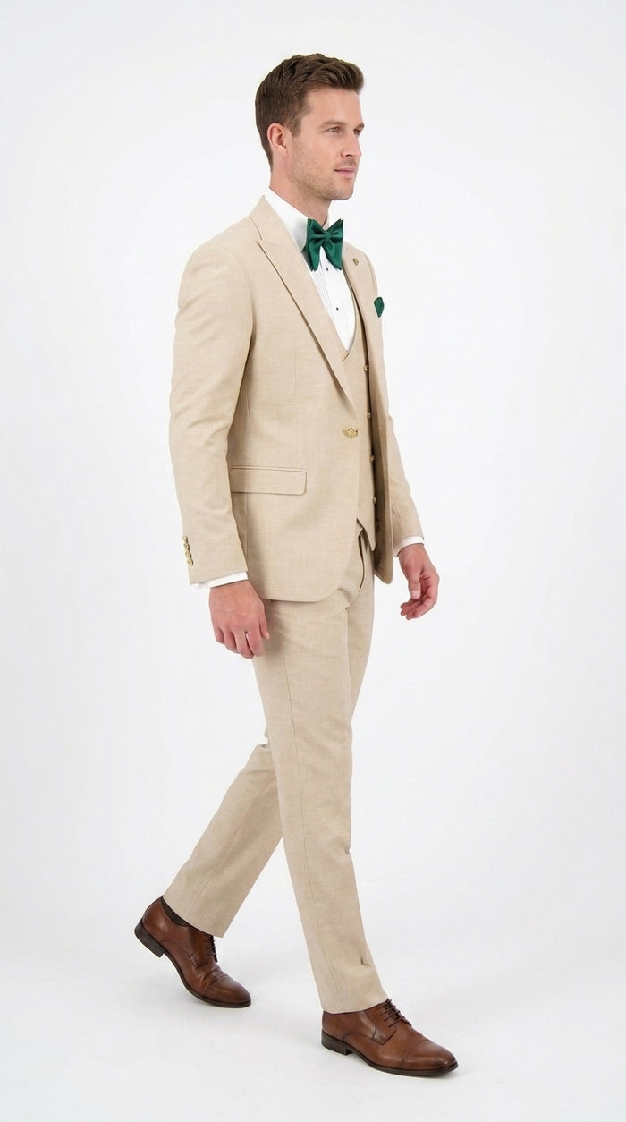 Men’s Khaki Tan 3-Piece Groomsmen Suit – Wedding Suit with Double-Breasted Vest and Pants Great Gatsby Style Gold buttons