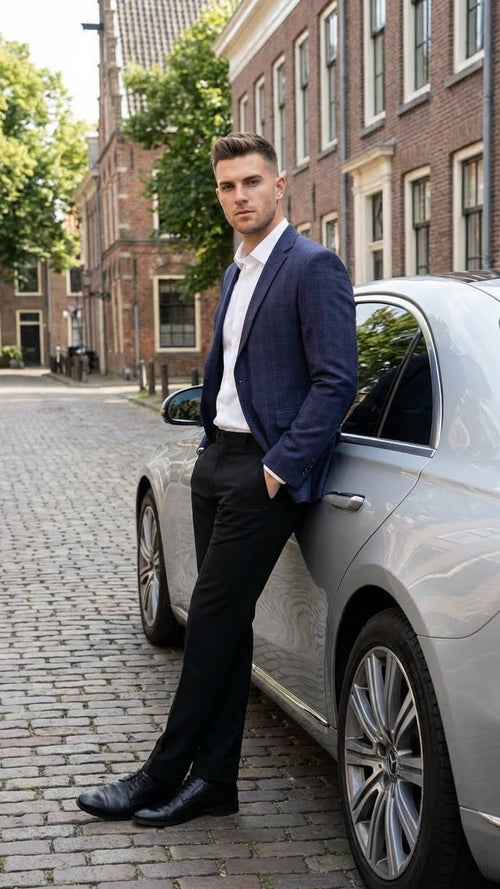 Men's big & tall navy jacket with burgundy plaid. Tailored fit, structured shoulders, single-breasted, and long sleeves.
