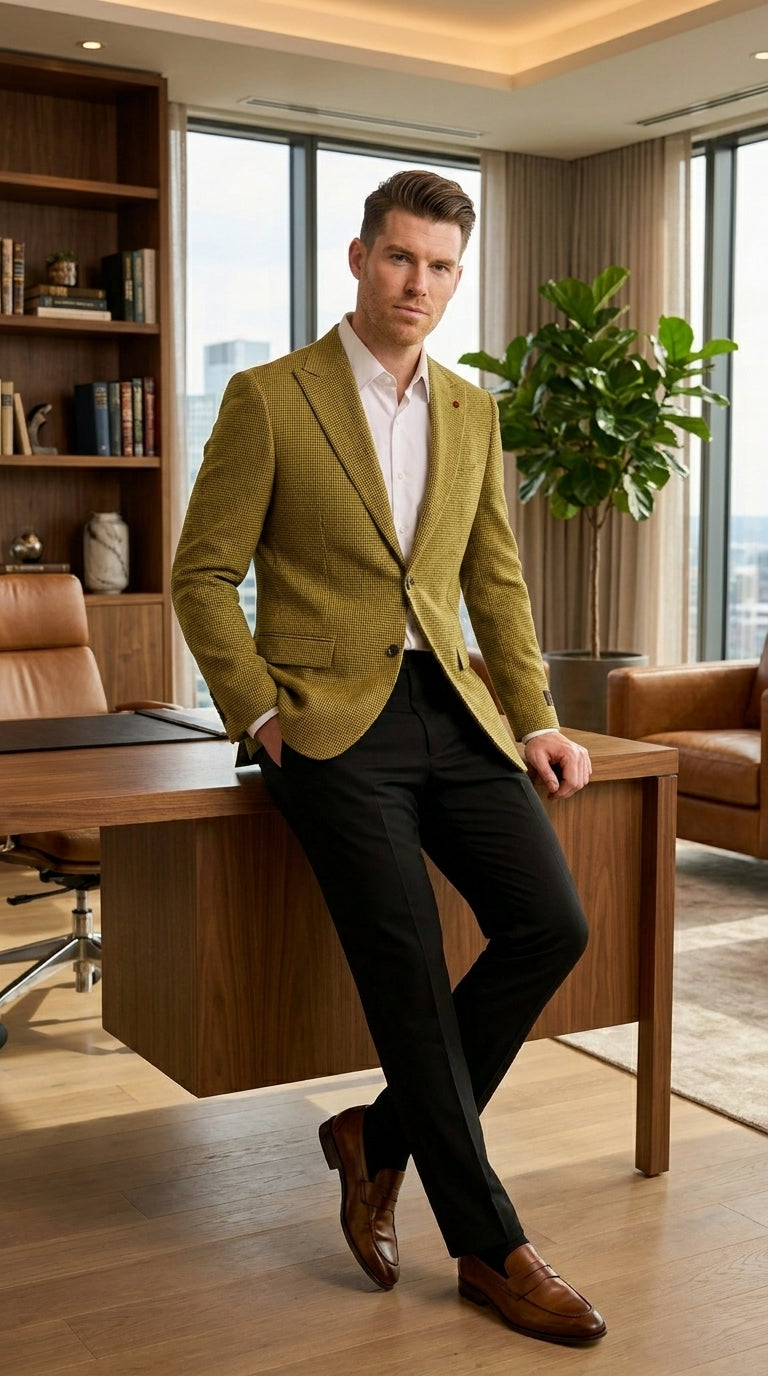 Men’s Mustard Gold Yellow Houndstooth Blazer Jacket, Check Pattern Formal Sport Coat for Weddings, Prom, Business 2 Buttons Modern Fit