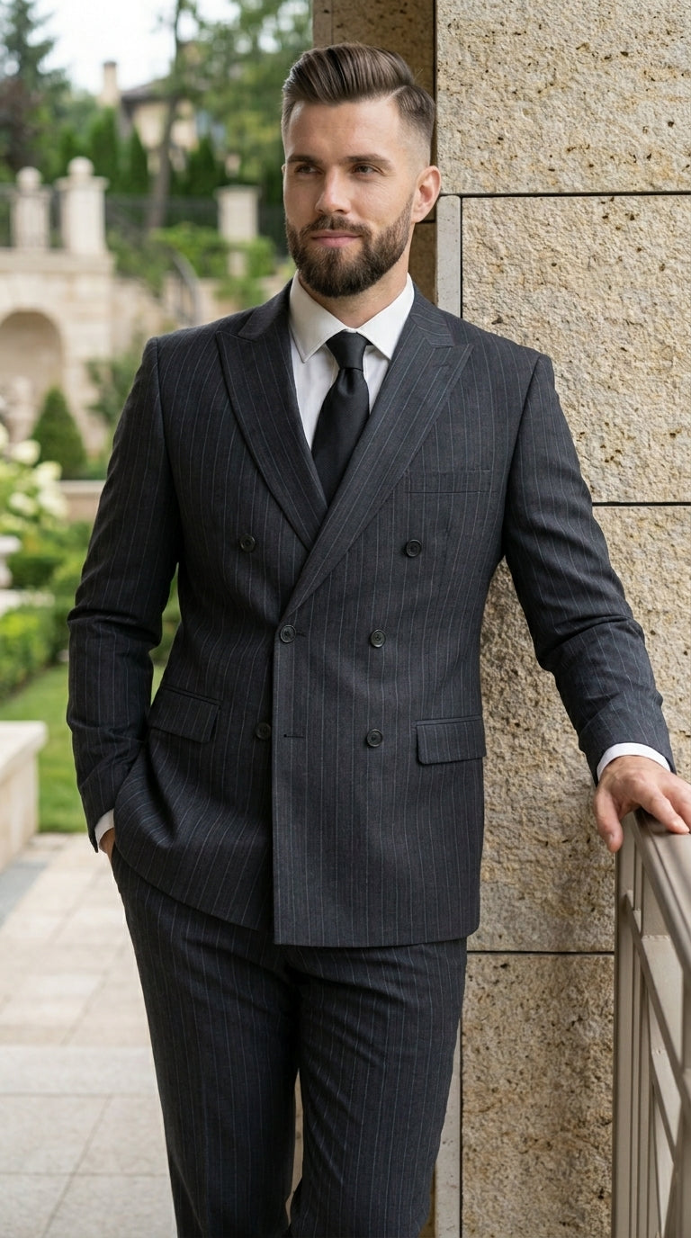 Men’s Black Pinstripe Double Breasted Suit – Classic Formal Business Suit Office and Evening Wear Modern Fit Conservative pattern