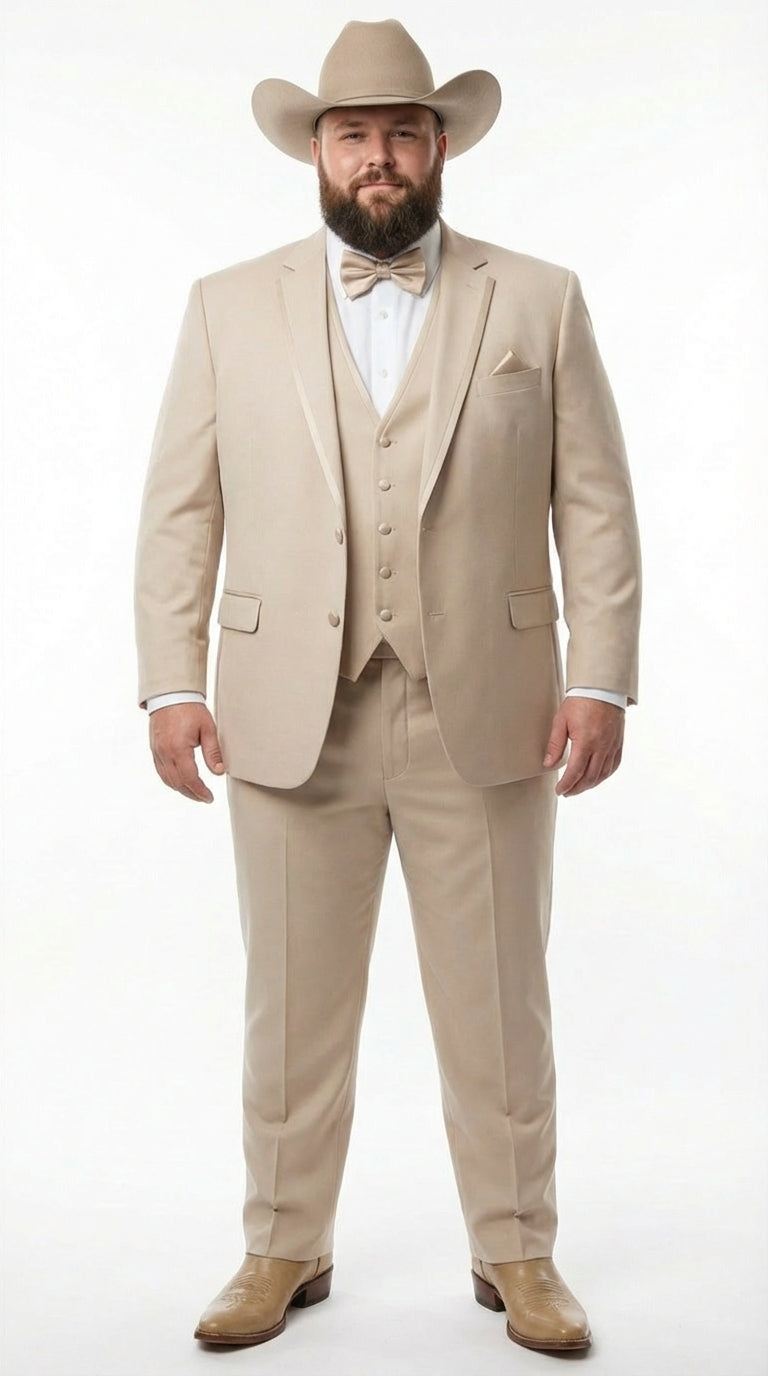 Mens Beige Tan Khaki CowboyTuxedo Suit – Western Formal Three Piece Suit with Jacket Vest and Pants