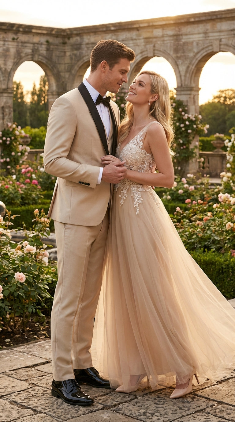 Men’s Champagne Beige Shiny Tuxedo 3 Piece Suit with Black Shawl Lapel | Formal Wedding Prom Suit Set in Sand Light Tan Color