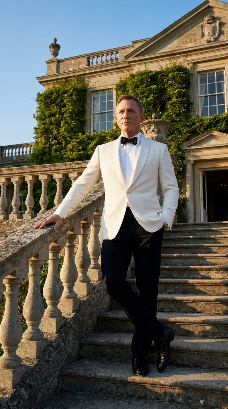 Men’s James Bond Style Ivory Dinner Jacket, White Tuxedo Blazer for Wedding, Prom and Black Tie Events