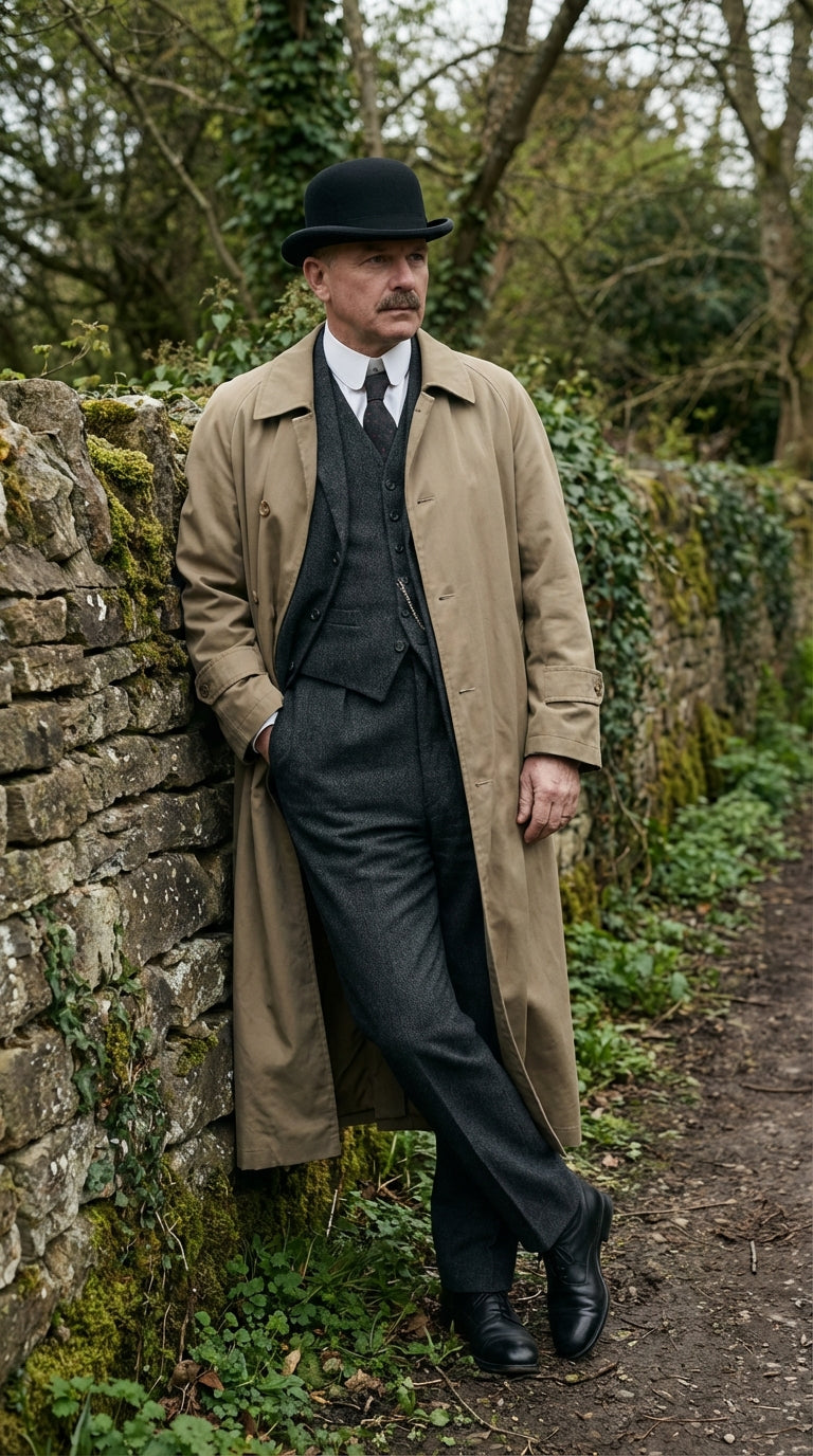 Men's Beige Cotton Trench Coat Suit Package – Classic Long Overcoat