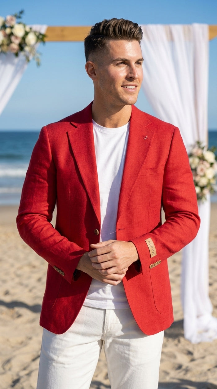 Men’s Red Linen Blazer – Two-Button Wedding, Business and Smart Casual Sport Coat