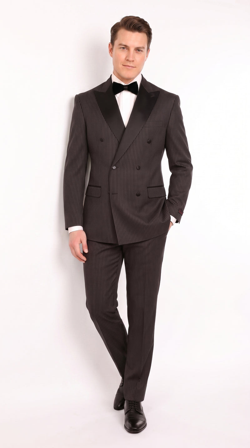 Men’s Black Shadow Pinstripe Double-Breasted Tuxedo Tone on Tone Formal Wedding  Suit Modern Fit 1920s Style